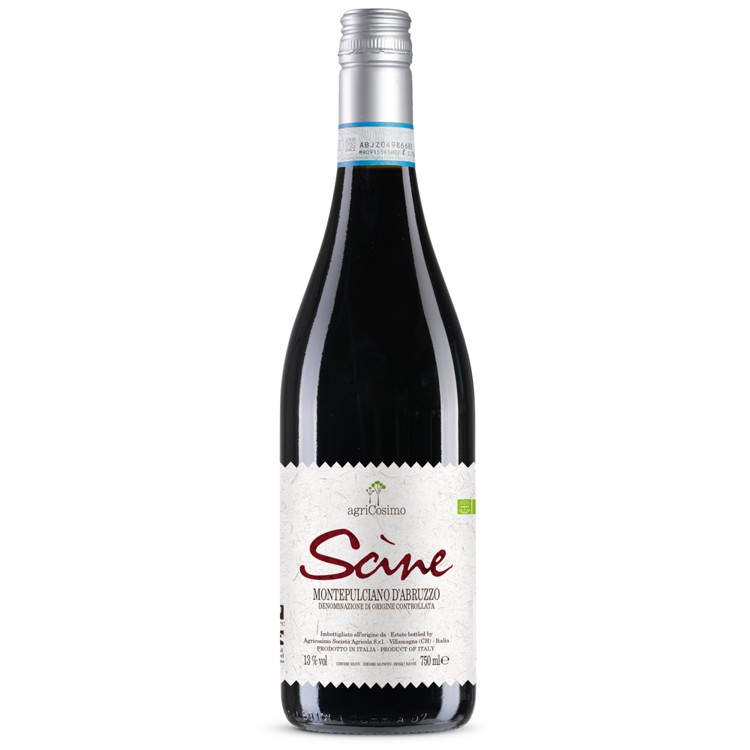 435420_MONTEPULCIANO_SCINE_0001 Rotwein Montepulciano Scine Bio aus den Abruzzen in dunkler Flasche mit weißem Etikett, roter Schrift und silbernem Schraubverschluss