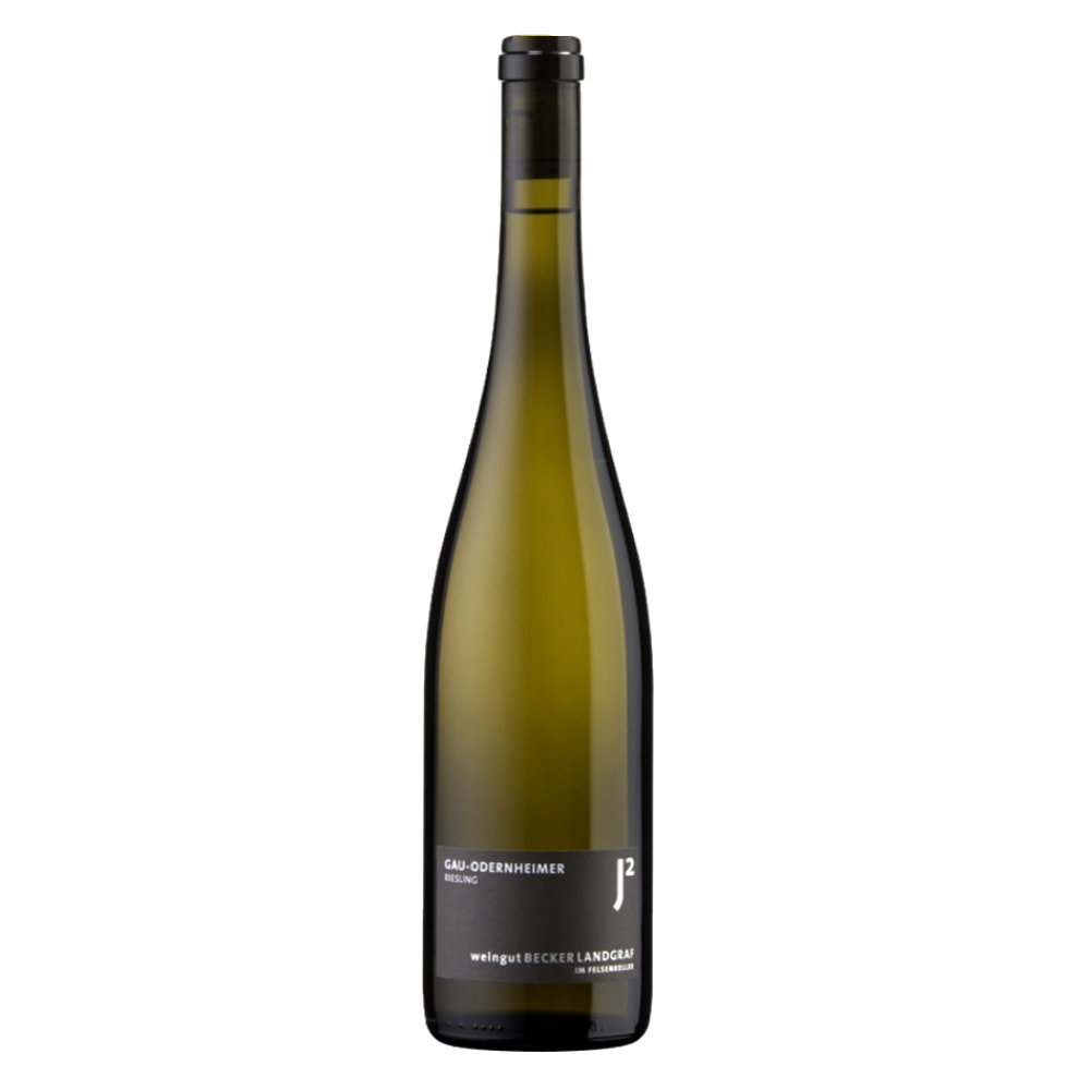 Becker Landgraf Riesling Gau-Odernheimer in hoher Flasche mit dunklem Etikett und Korkverschluss