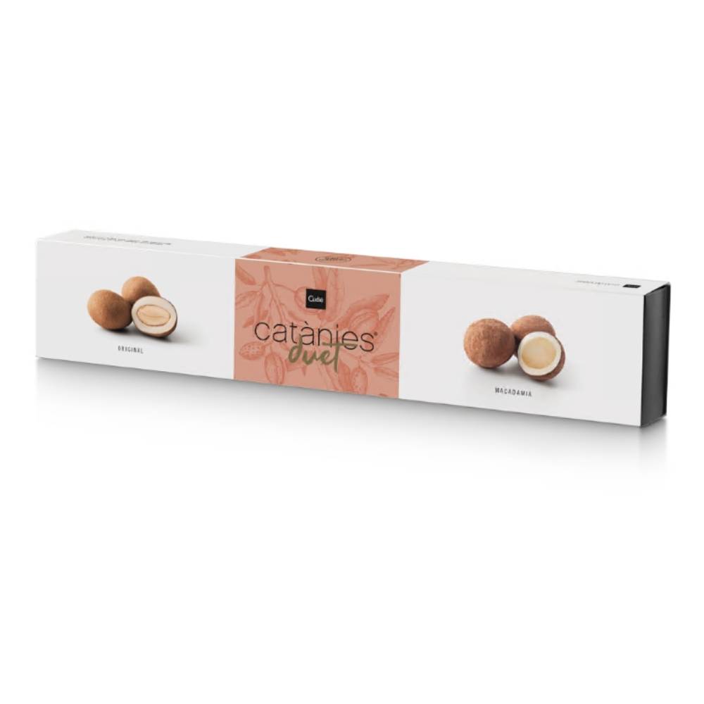 431822_CUDIE_MACADAMIA_0002 Catanies Duet Cudié Original und Macadamia 80g – rechteckige Geschenkbox mit weißem Hintergrund und Abbildung von braunen dragierten Mandeln und Macadamianüssen vorne