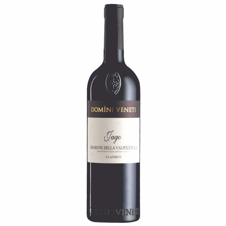 436415_AMARONE_JAGO_0001 Rotwein Amarone della Valpolicella Classico Jago Domini Veneti, dunkle Flasche mit schwarzem Hals und schwarzem Etikett mit goldener Schrift