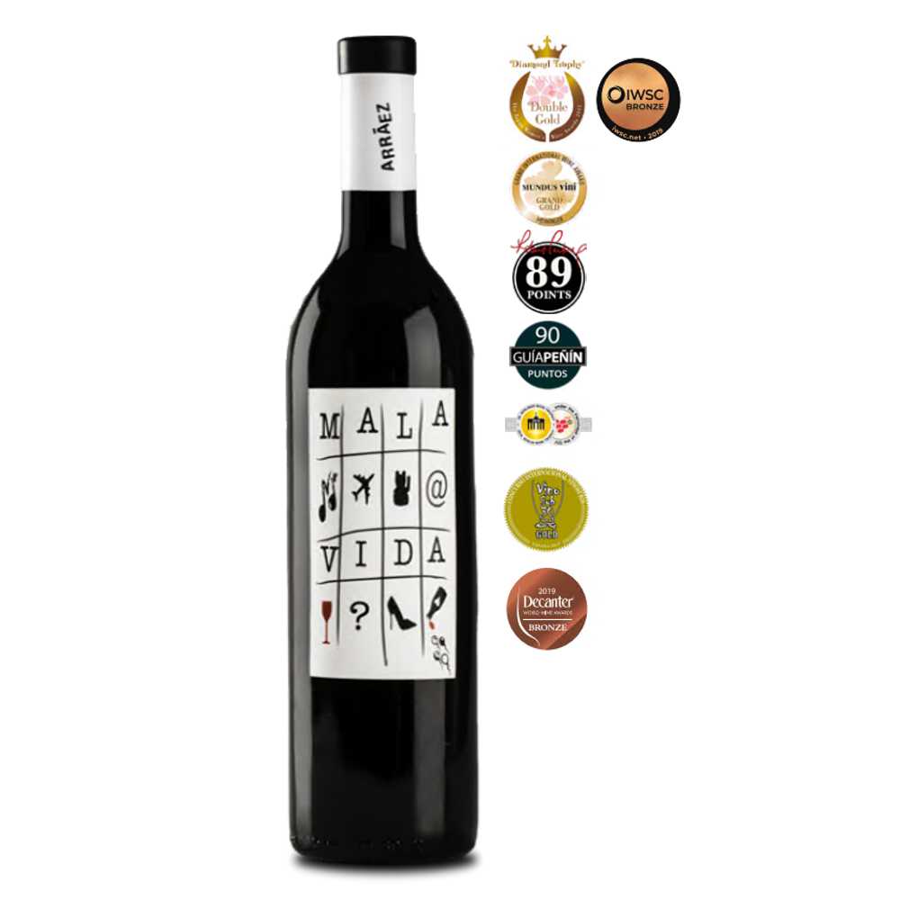 413619_MALA_VIDA_ARRAEZ_0002 Rotweinflasche „Mala Vida“ mit auffälligem, grafischem Etikett und weißem Schraubverschluss, Tinto Roble von Arraez aus Valencia