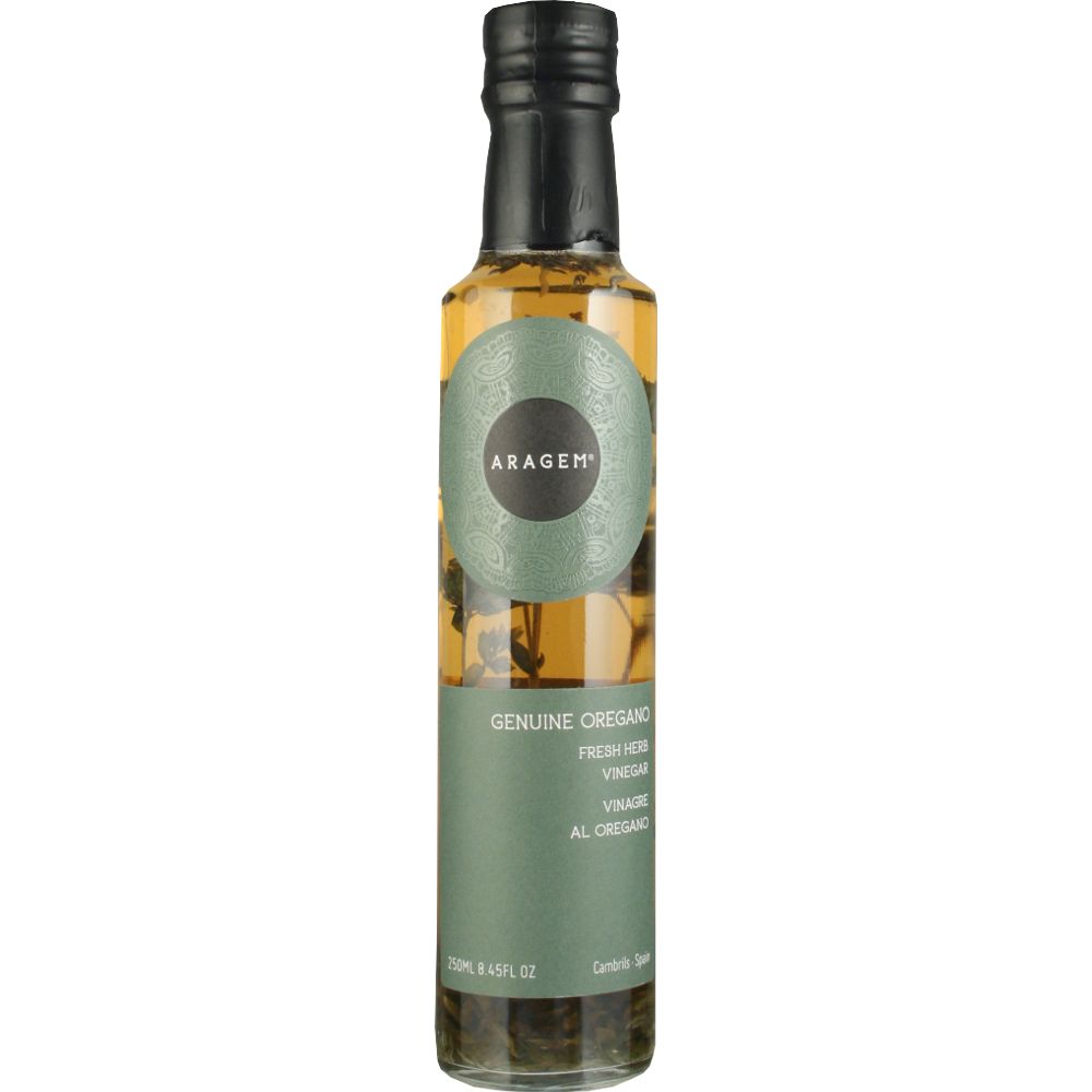 3555_0001 Aragem Weinessig mit echtem Oregano, spanischer Kräuteressig in klarer Flasche mit grünem Etikett und sichtbarem Oreganostaengel