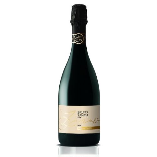 4527_ZANASI_LAMBRUSCO_BRUNO_0002 Dunkle Flasche Lambrusco Bruno Zanasi Grasparossa Secco mit hellem Etikett, goldener Schrift und schwarzer Folienkapsel mit goldfarbenem Logo