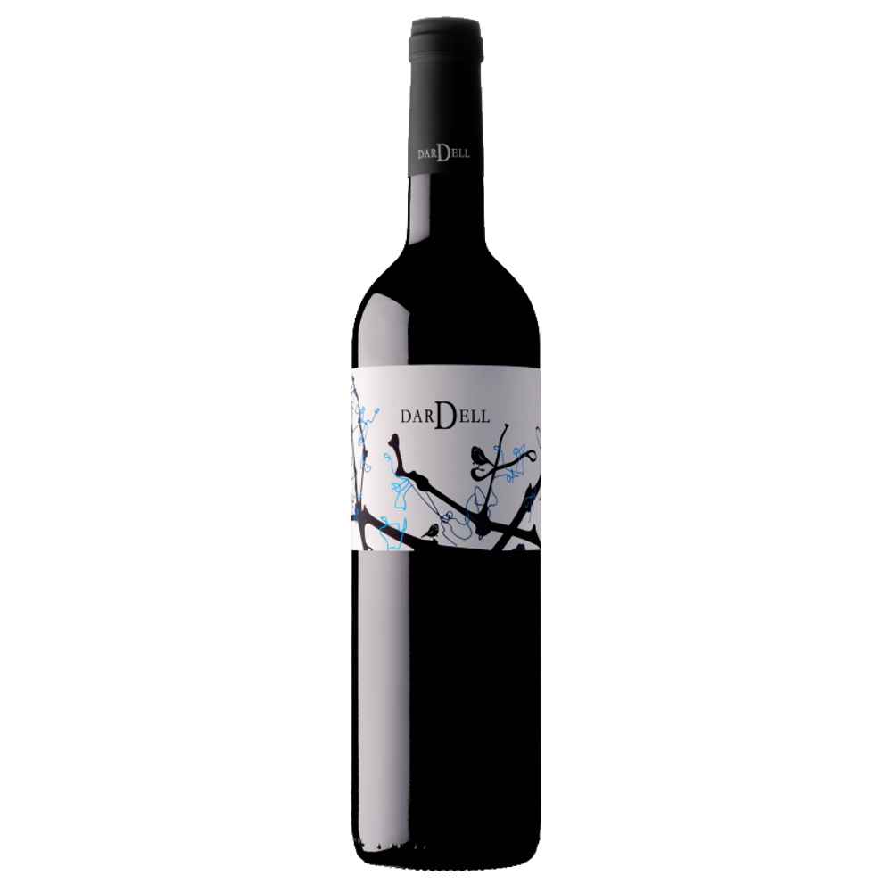434718_0002 Rotwein Dardell Garnacha Tinto Bio in dunkler Flasche mit modern gestaltetem, hellem Etikett mit schwarzen Zweigen und blauen Akzenten, schwarzer Kapsel und Korkverschluss