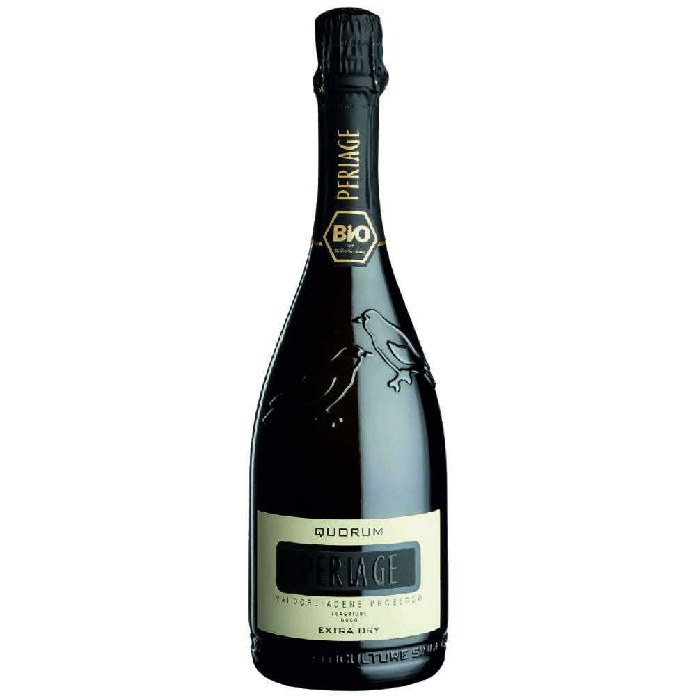 4007_0001 Quorum Prosecco Superiore Extra Dry Bio von Perlage in schwarzer Flasche mit Vogel-Prägung