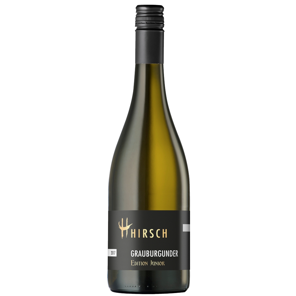 426717_0001 Hirsch Grauburgunder Edition Junior in heller, bauchiger Flasche mit schwarzem Etikett, goldener Schrift und Schraubverschluss