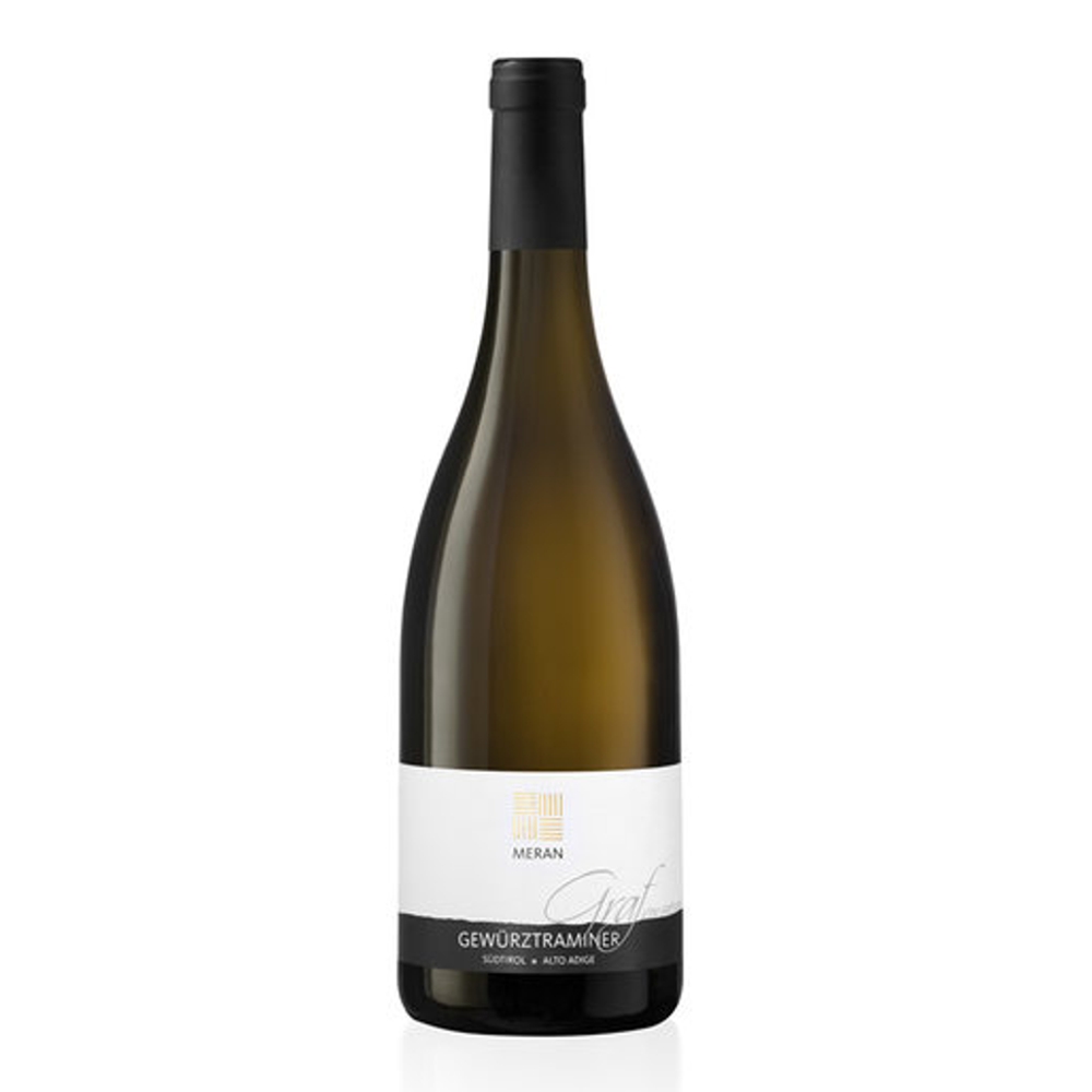4437_0002 Gewürztraminer Graf von Meran Südtirol 2019, Weißweinflasche mit schwarzem Korkverschluss und weiß-schwarzem Etikett