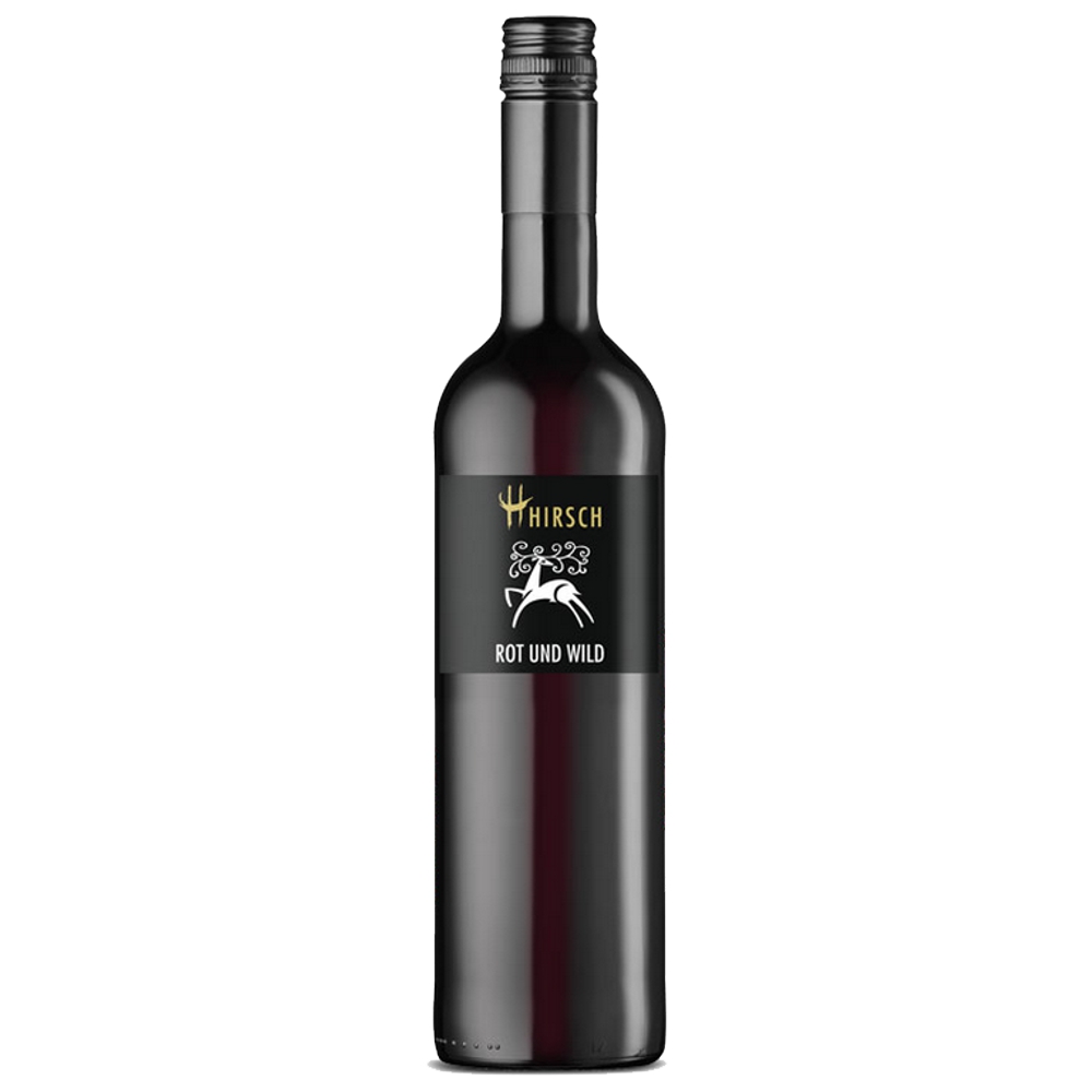 4264_0001 Hirsch Rot und Wild in dunkler Bordeauxflasche mit schwarzem Etikett und Schraubverschluss, stilisierter Hirsch mit Reben im Design