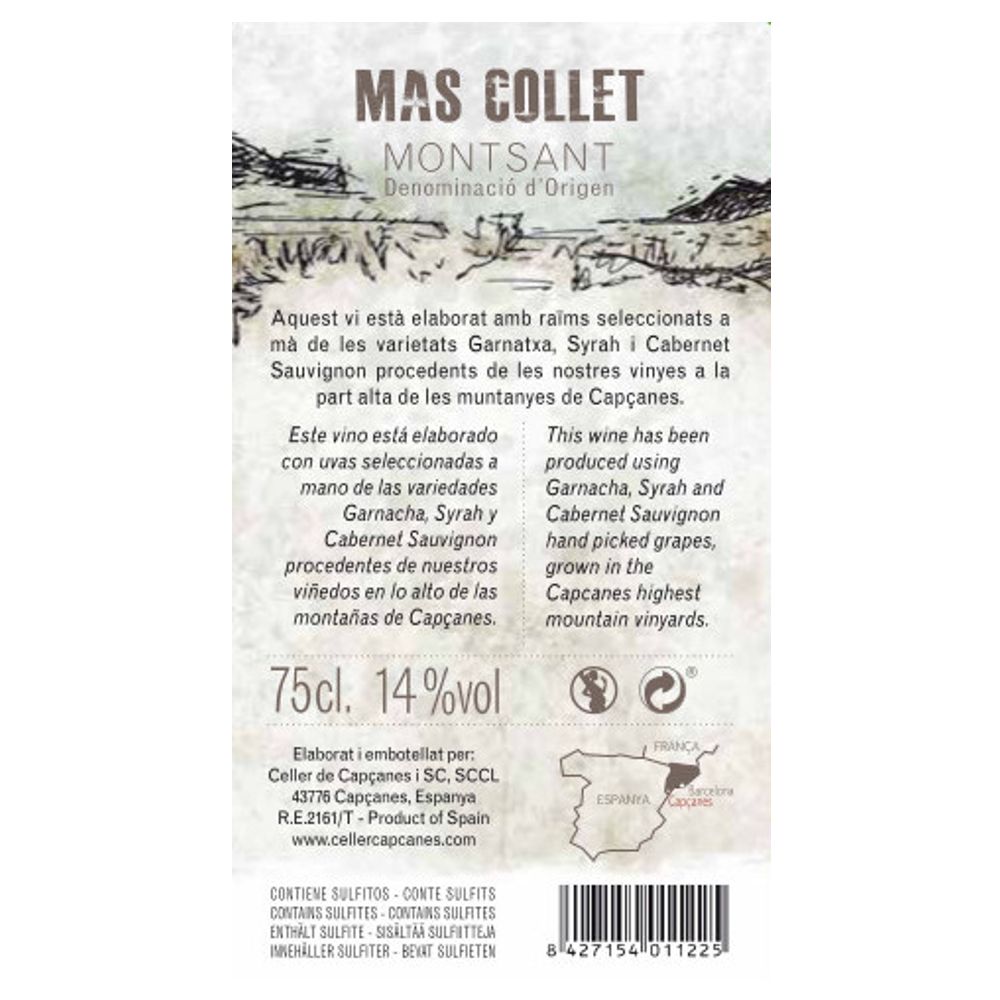363214A_0001 Rückseitenetikett des Mas Collet Rotweins aus Montsant mit Informationen zu Rebsorten, Herkunft und Alkoholgehalt