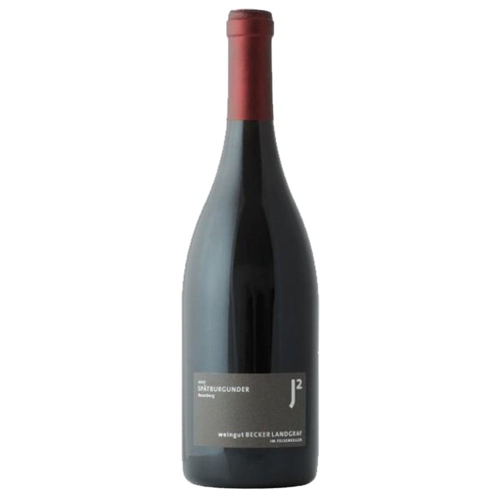 4419_0001 Spätburgunder Rosenberg Weingut Becker Landgraf, schlanke Rotweinflasche mit dunklem Etikett und rotem Korkverschluss