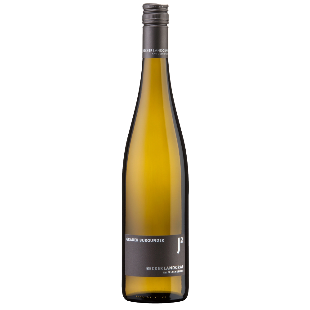 4252_0002 Becker Landgraf Grauburgunder J2 in schlanker, hellgrüner Flasche mit schwarzem Etikett und grauem Schraubverschluss
