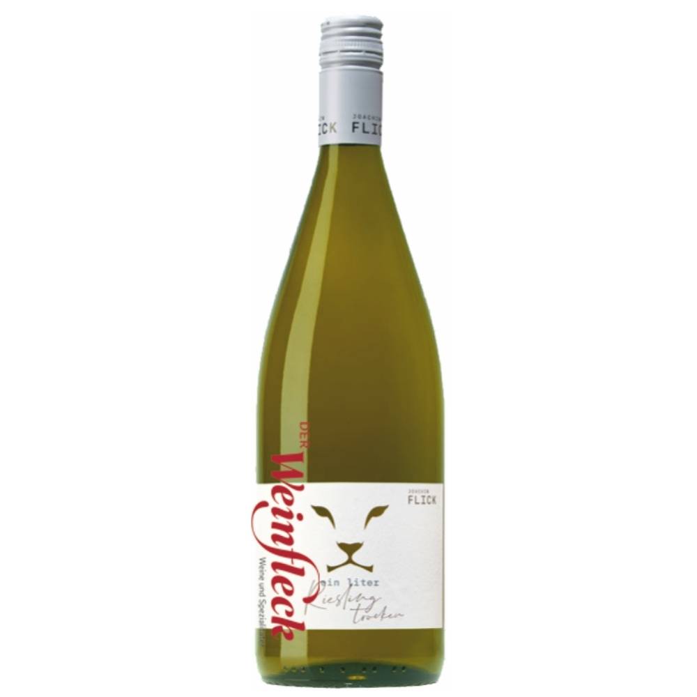346619_FLICK_LITER_RIESLING_0003 Weisswein Riesling vom Weingut Flick in grüner Literflasche mit weißem Etikett und rotem Schriftzug „Der Weinfleck“