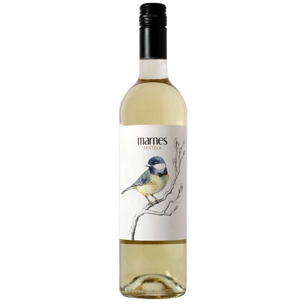 468518_0003 Marnes Mistela Weißwein in klarer Flasche mit hellem Etikett und Abbildung eines Vogels auf Zweig