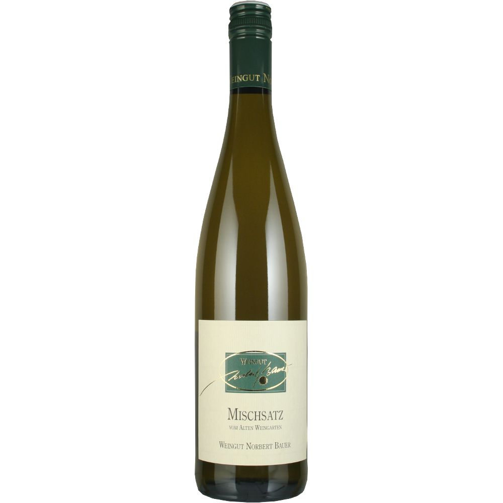 3724_0001 Weissweinflasche Mischsatz vom alten Weingarten vom Weingut Bauer mit hellem Etikett
