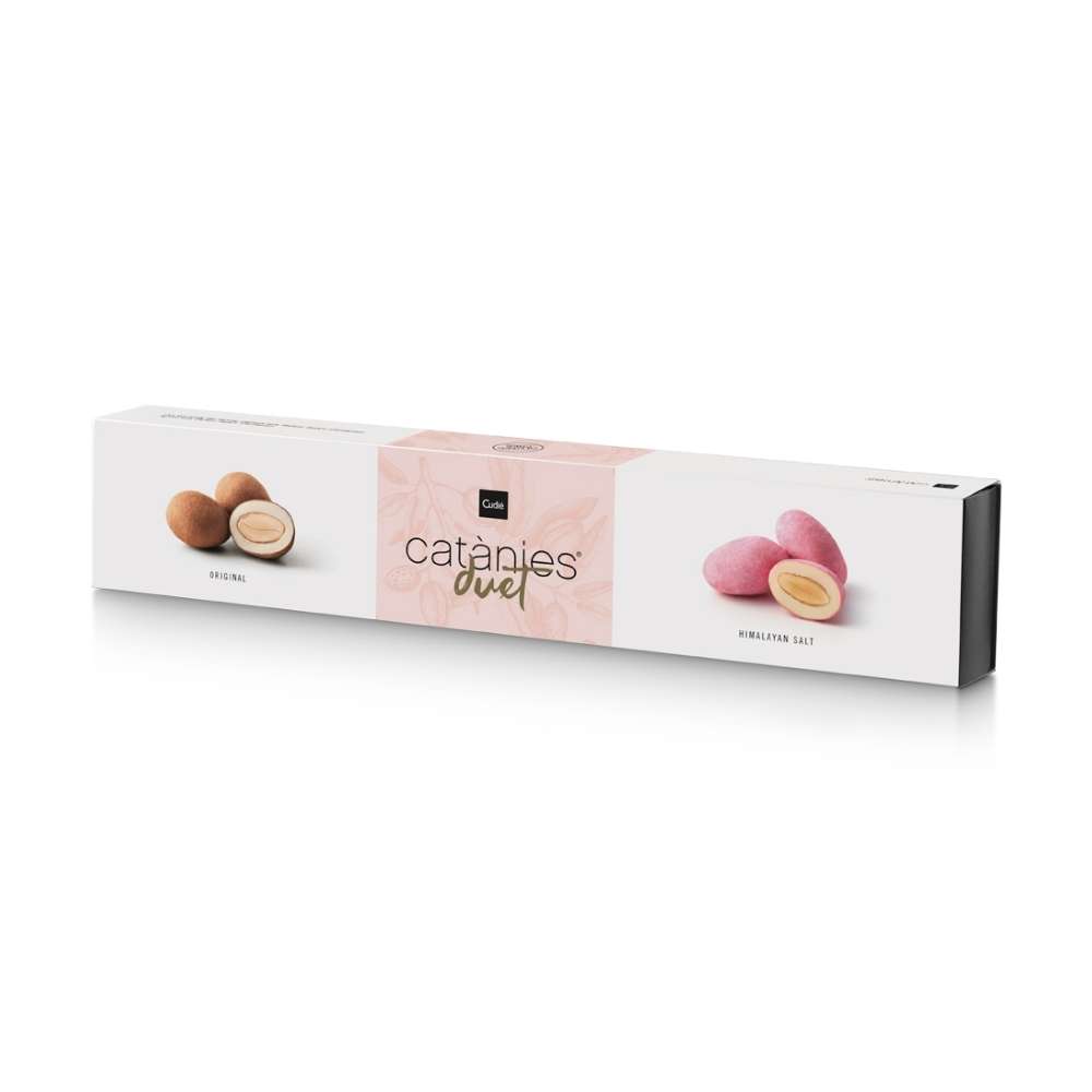 431821_CUDIE_ORIGINAL_HIMALAYA_SALZ_0002 Catanies Duet Cudié Original Himalaya Salz 80g – rechteckige Geschenkbox mit weißem Hintergrund und Abbildung von braunen und rosa dragierten Mandeln vorne