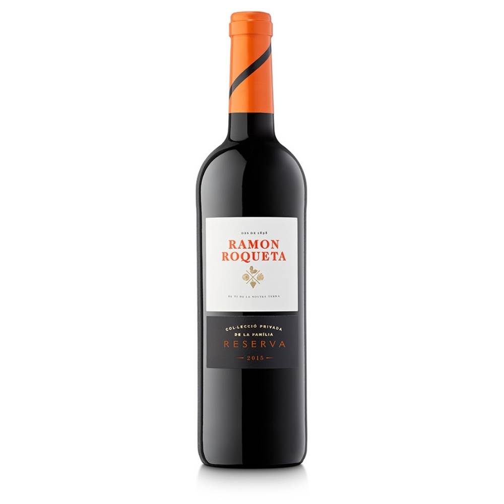 362616_ROQUETA_RESERVA_0002 Rotwein Ramon Roqueta Reserva mit orangefarbenem Schraubverschluss und modernem Etikett auf schwarzer Flasche