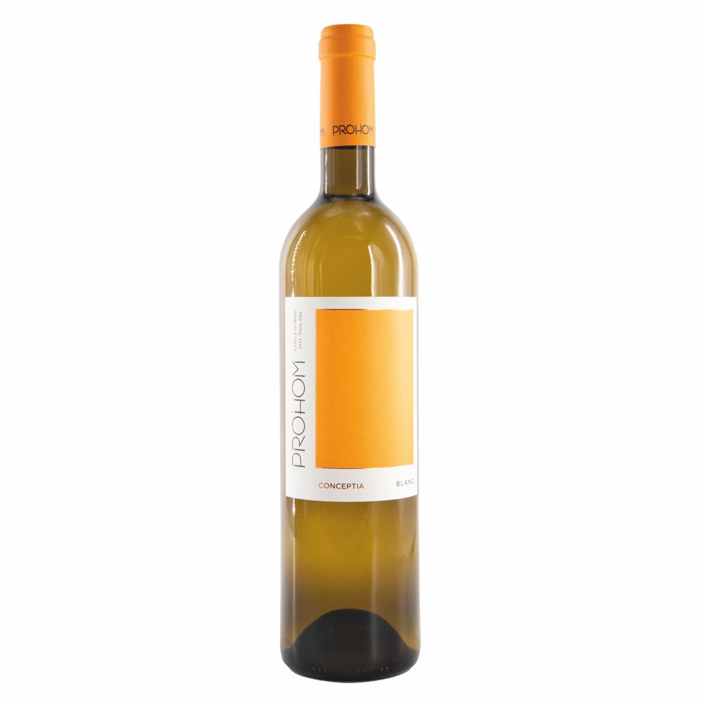388320_PROHOM_BLANCO_0002 Weißweinflasche Prohom Conceptia mit orangefarbenem Etikett und Schraubverschluss