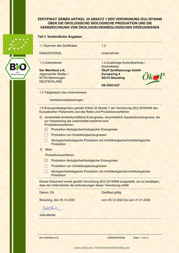 Bio Zertifikat Der Weinfleck Memmingen